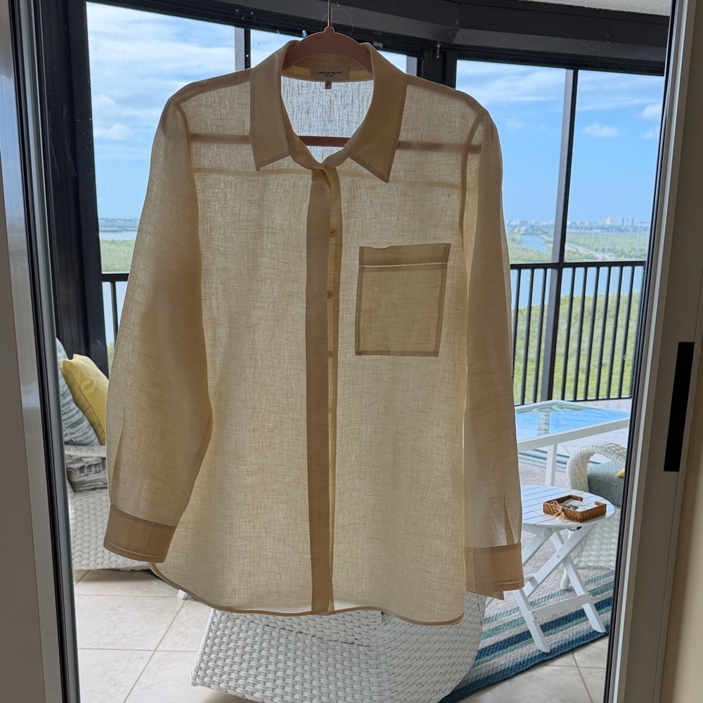 Lafayette 148 New York Sheer Button-Front Linen  Shirt Jacket - Cream/Light Yell